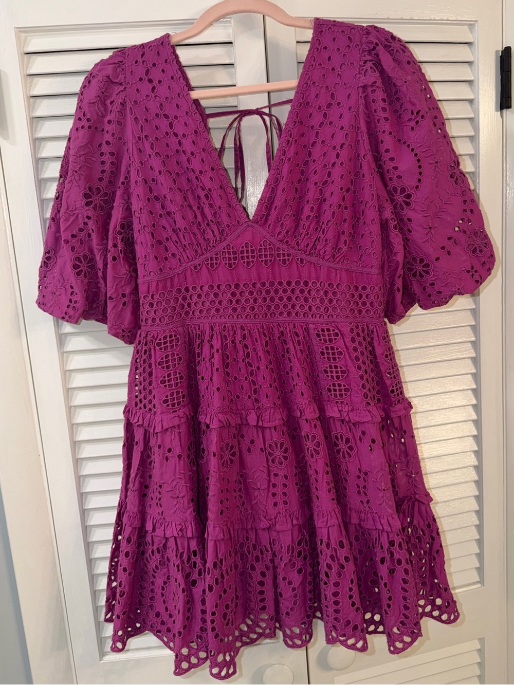 Cynthia Rowley Eyelet Tiered V-Neck Mini Dress in Magenta